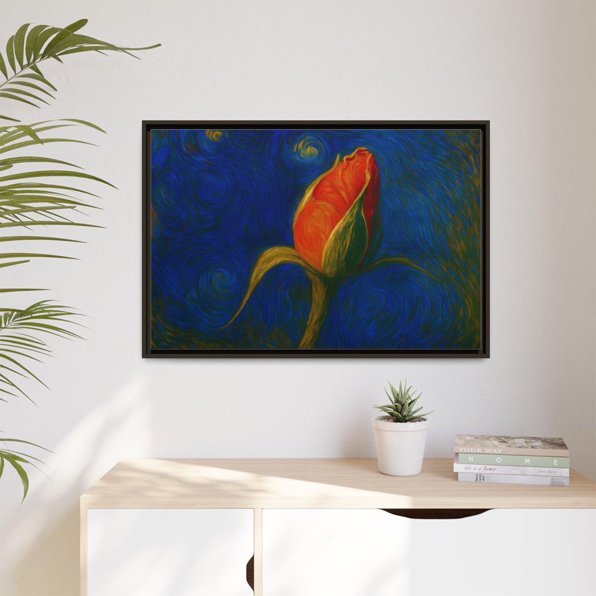 Red rose bud painting on framed canvas wall art by Printify, featuring vibrant floral artwork in a matte finish.