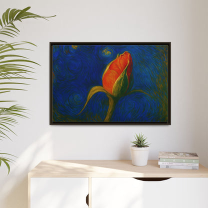 Red rose bud painting on framed canvas wall art by Printify, featuring vibrant floral artwork in a matte finish.