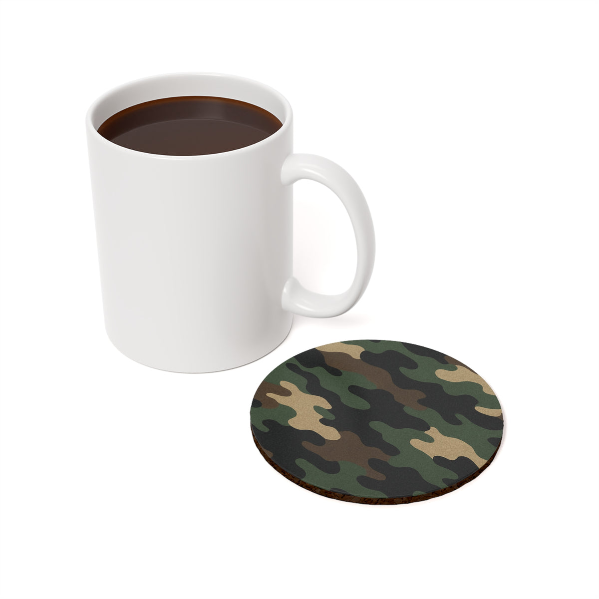 Military green camouflage cork-back coaster featuring a round shape, ideal as a drink mat for protecting surfaces.