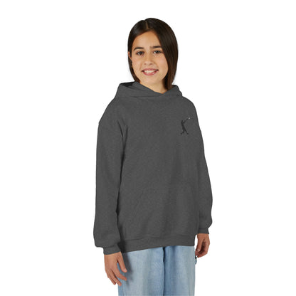 Youth baseball silhouette hoodie featuring a kids baseball player graphic, soft pullover sweatshirt for children by Printify.