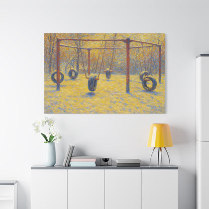 Matte stretched canvas wall art featuring a colorful tire swing playground scene by Printify, suitable for children's playroom decor.