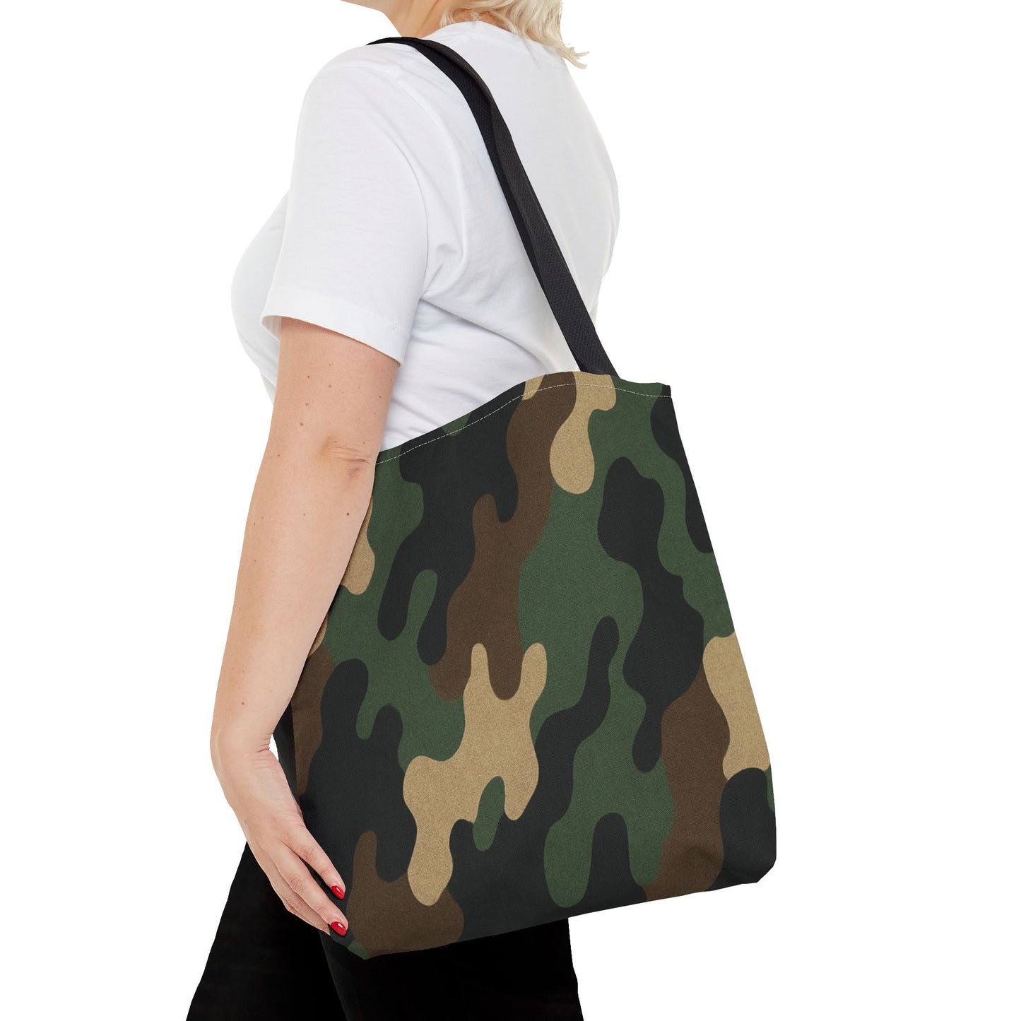 Camo pattern tote bag by Printify featuring an all-over printed canvas carryall with sturdy handles and spacious interior.