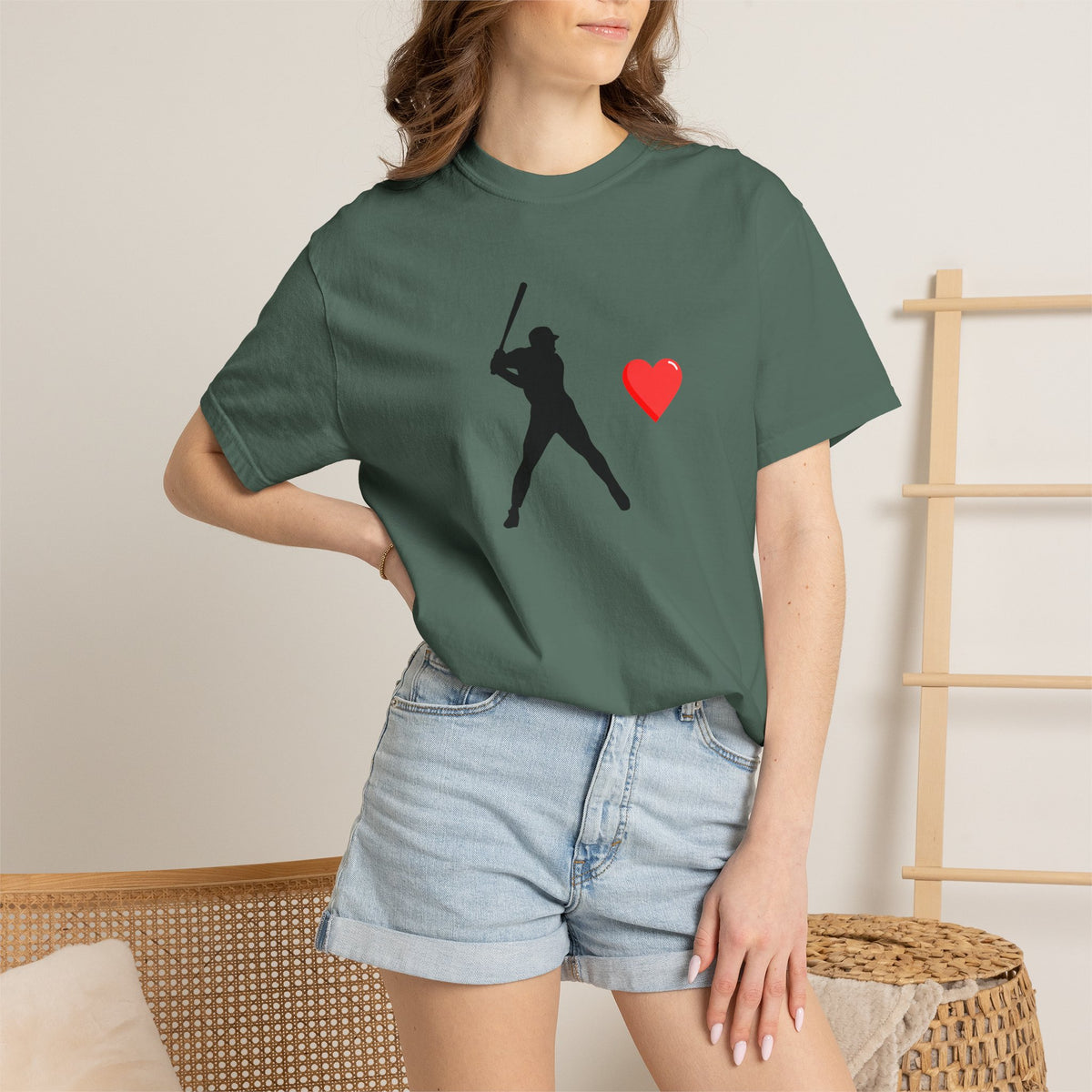 Printify baseball batter heart T-shirt featuring a graphic design of a batter with a heart, casual unisex cotton tee.