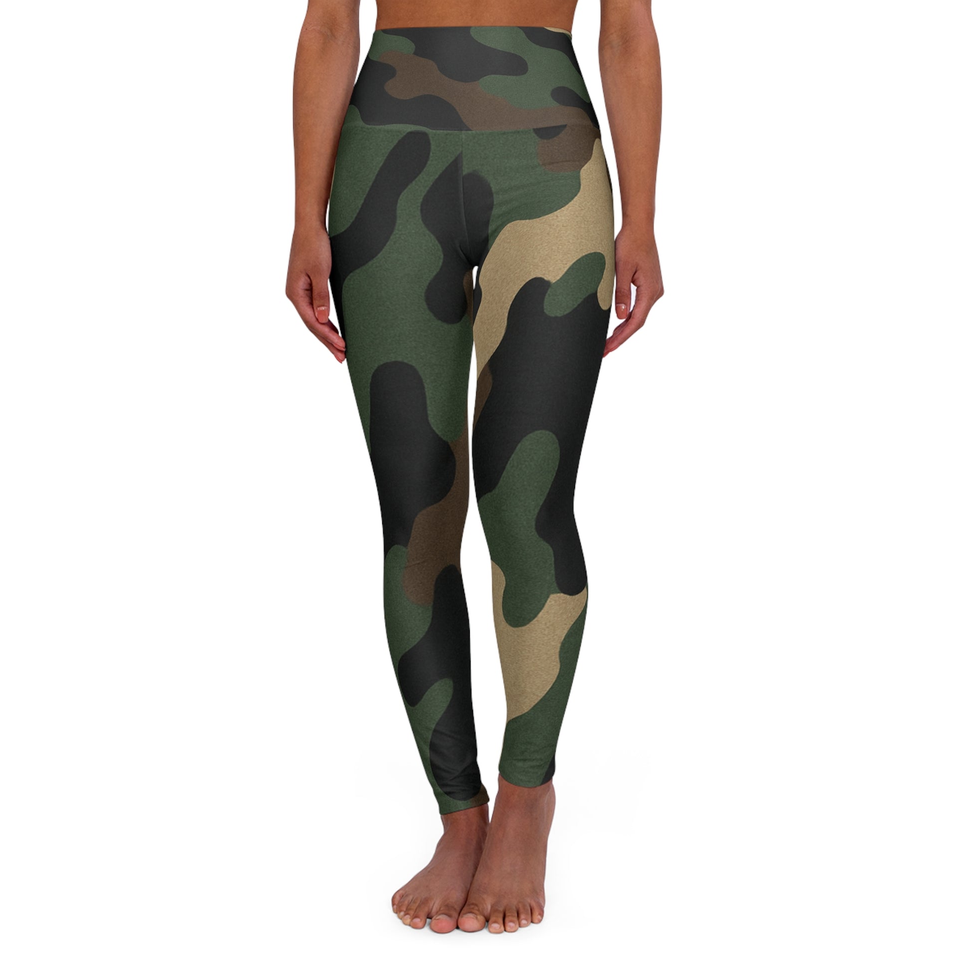 Olive green camouflage high-waisted yoga leggings with military print from Printify, designed for comfort and style during workouts.