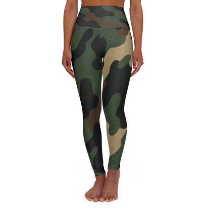 Olive green camouflage high-waisted yoga leggings with military print from Printify, designed for comfort and style during workouts.