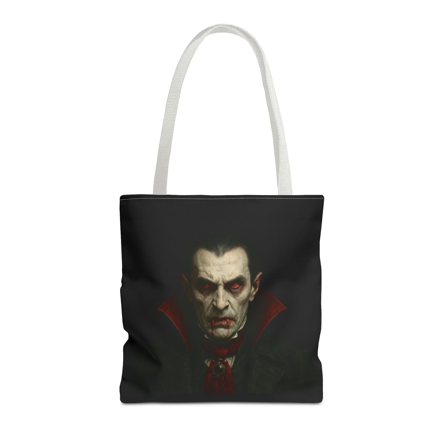Black vampire-themed tote bag with spooky gothic design, perfect for Halloween accessories, by Printify.