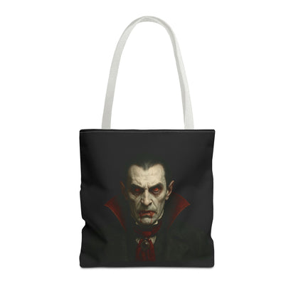 Black vampire-themed tote bag with spooky gothic design, perfect for Halloween accessories, by Printify.