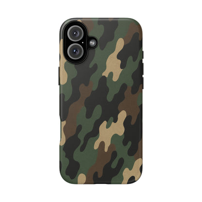 Rugged camouflage Printify Tough Phone Case with protective, durable design for smartphones, featuring a green and brown camo pattern.