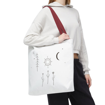 Minimal Moon and Sun botanical tote bag featuring celestial line art, eco-friendly fabric, and stylish design by Printify.