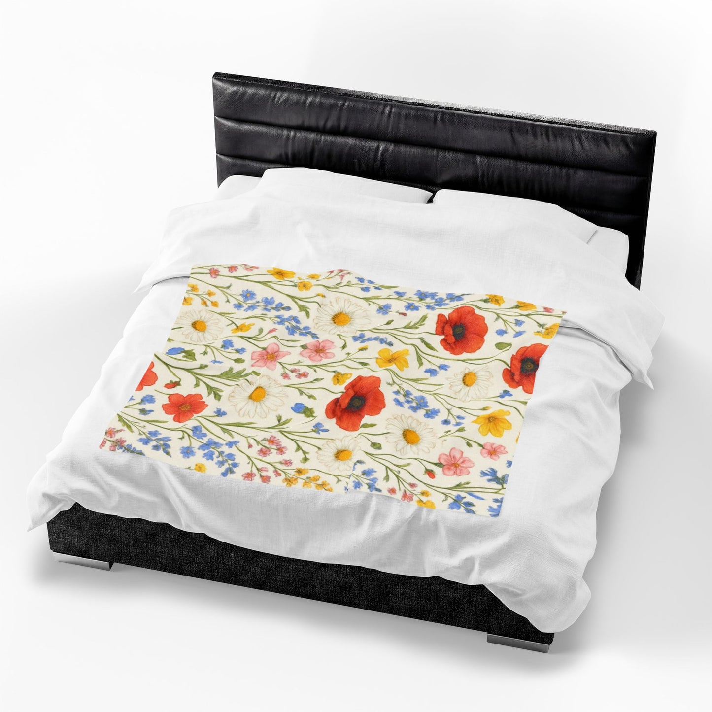 Velveteen plush blanket with all-over poppy daisy floral print featuring wildflower meadow design by Printify.
