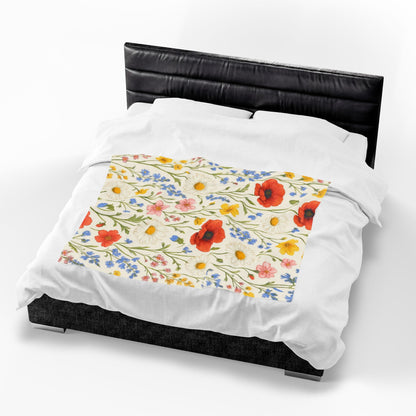 Velveteen plush blanket with all-over poppy daisy floral print featuring wildflower meadow design by Printify.