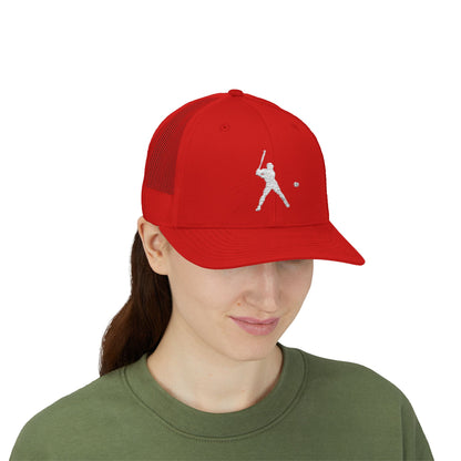 Vintage baseball snapback trucker cap with batter silhouette print, featuring a classic adjustable hat design by Printify.
