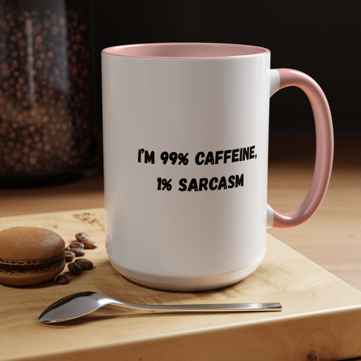 Ceramic coffee mug with "I'm 99% Caffeine, 1% Sarcasm" printed in black text, featuring a white background and comfortable handle.