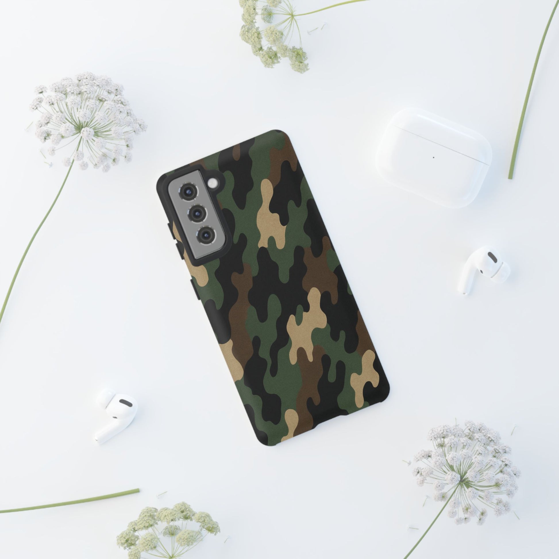 Camouflage tough phone case by Printify showing a rugged, durable camo design protecting a smartphone.