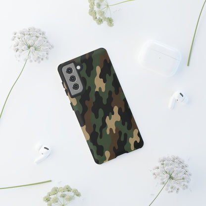 Camouflage tough phone case by Printify showing a rugged, durable camo design protecting a smartphone.