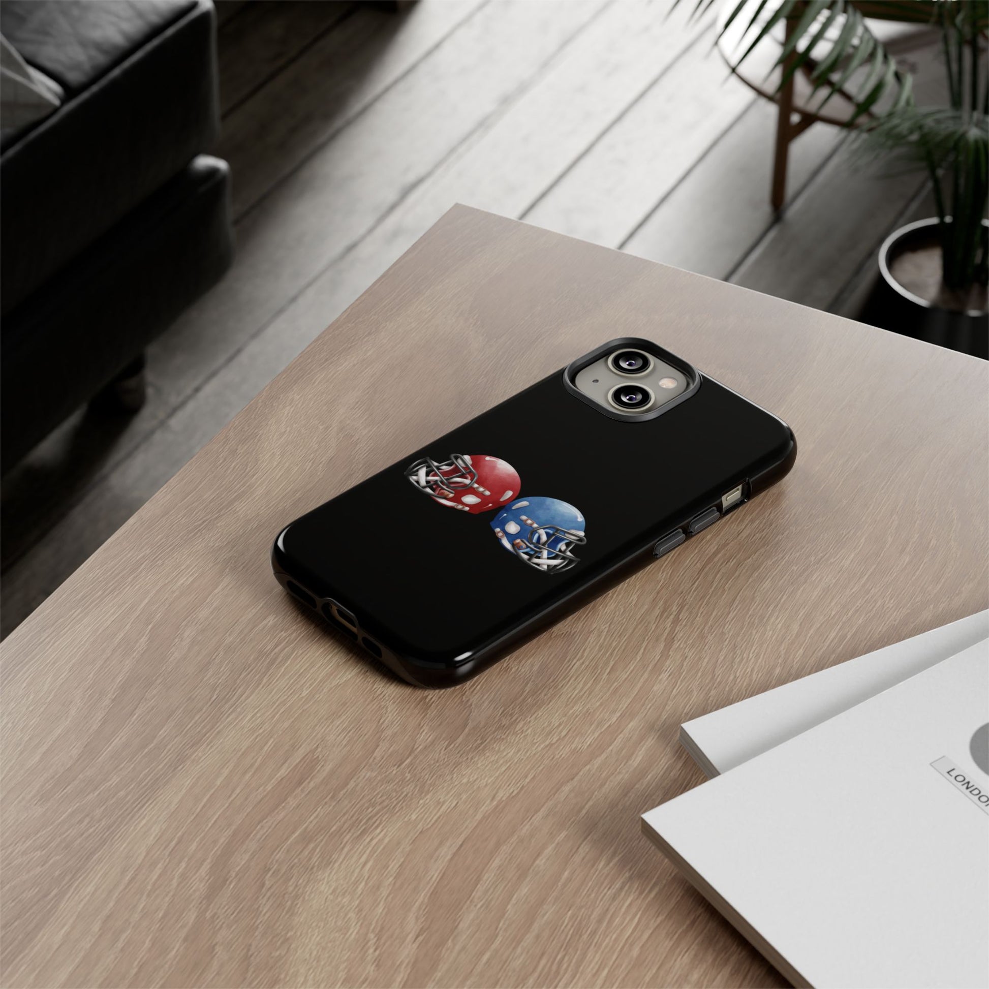 Red and blue football helmet tough phone case for iPhone, protective Printify design with sports-themed graphics.