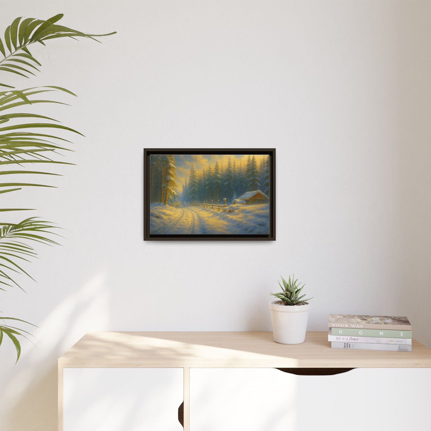 Framed winter cabin canvas print by Printify featuring a snowy forest sunset scene, ideal for wall art decor.