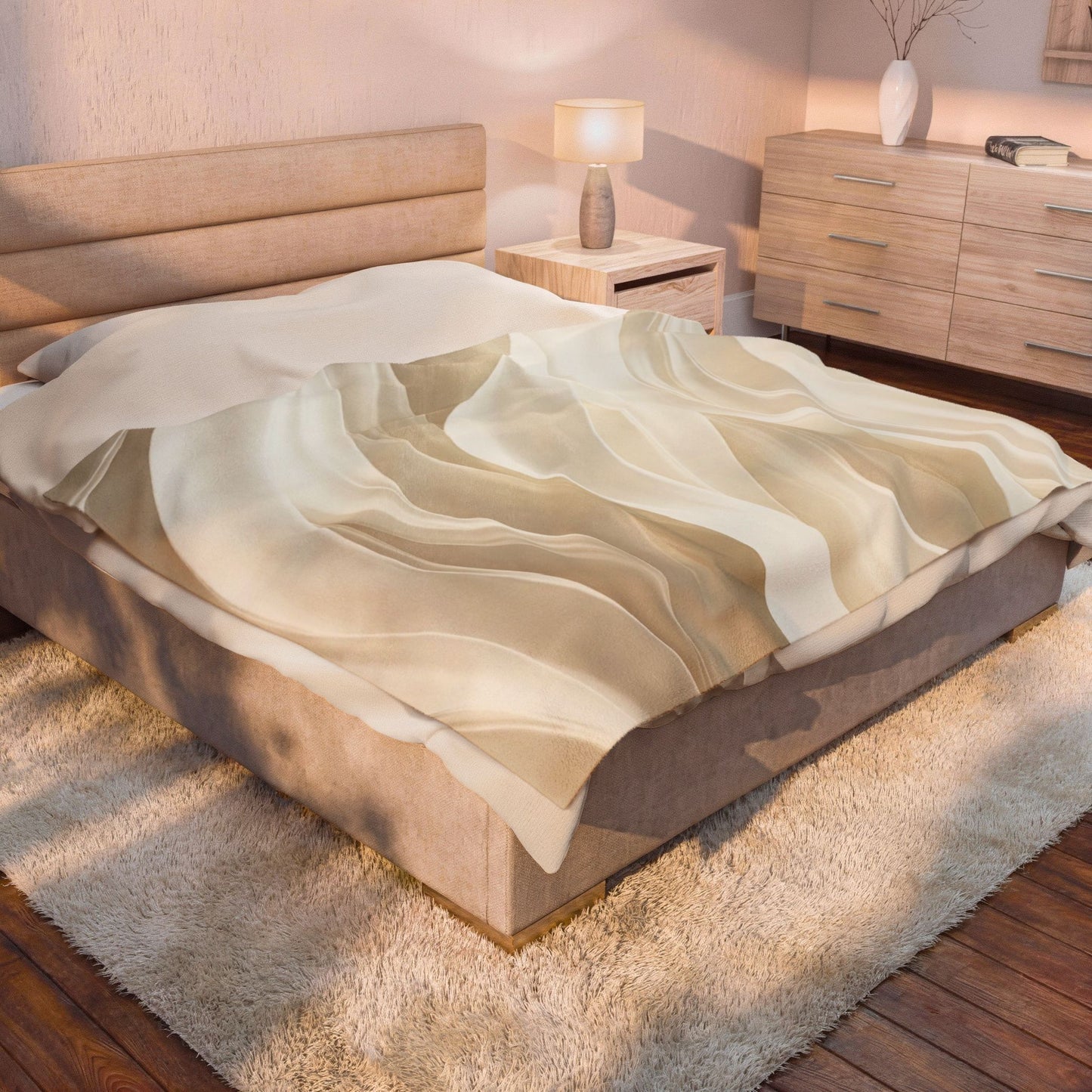 Neutral Abstract Waves Velveteen Plush Blanket | Beige Swirl Pattern