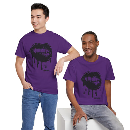 Black graphic T-shirt featuring dripping lips with "hmm..." bite design, printed by Printify on a casual unisex tee.