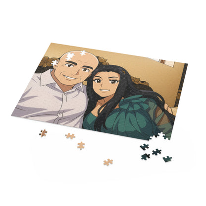 Custom anime couple portrait puzzle with 120, 252, or 500 pieces, featuring a colorful anime-style illustration.