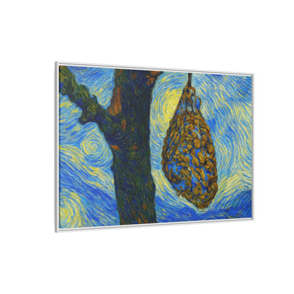 Framed matte canvas art of a starry nut cluster hanging from a dried plum tree by Printify