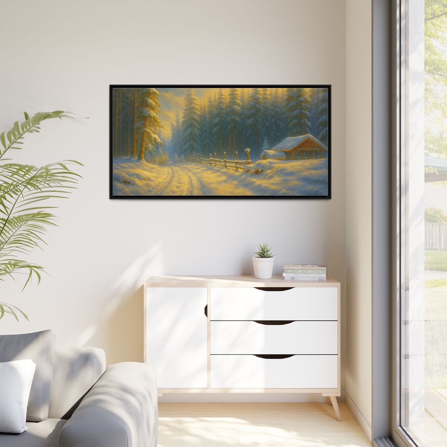 Framed winter cabin canvas print featuring a snowy forest sunset, wall art by Printify with cozy winter scene.