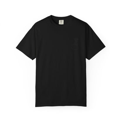 Black T-shirt with a minimal white finger heart graphic, casual style, by Printify.