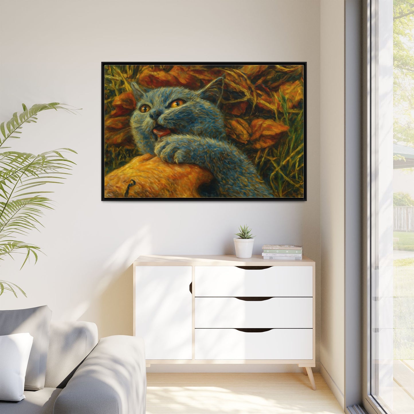 Blue cat canvas print featuring whimsical wall art, perfect for cat lovers, by Printify.