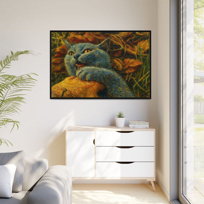 Blue cat canvas print featuring whimsical wall art, perfect for cat lovers, by Printify.