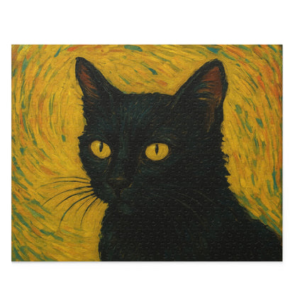 Black cat portrait puzzle by Printify, custom photo puzzle featuring a detailed black cat image, available in 120-500 pieces.