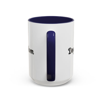 Dog Mom Accent Coffee Mug — white ceramic coffee mug with retro script "Dog Mom" print, colored interior and C-handle, 11oz/15oz, handle and interior color detail