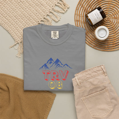 Unisex garment-dyed T-shirt with TRV08 Logo print by Printify, soft cotton fabric, casual fit, light blue color, front view.