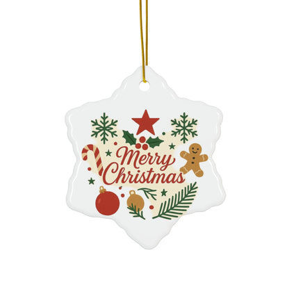 Double-sided Merry Christmas ceramic ornament featuring gingerbread and candy cane holiday tree designs by Printify