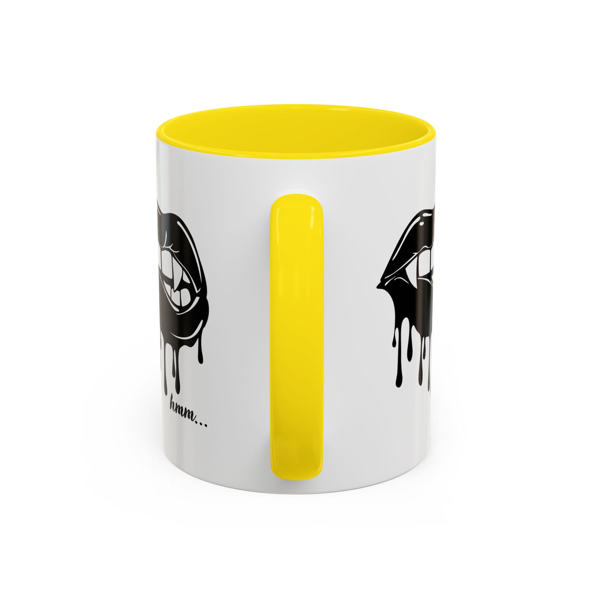 Black Dripping Lips Accent coffee mug with bite graphic, 11oz or 15oz, featuring bold lip design on ceramic surface.