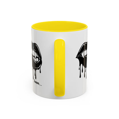 Black Dripping Lips Accent coffee mug with bite graphic, 11oz or 15oz, featuring bold lip design on ceramic surface.