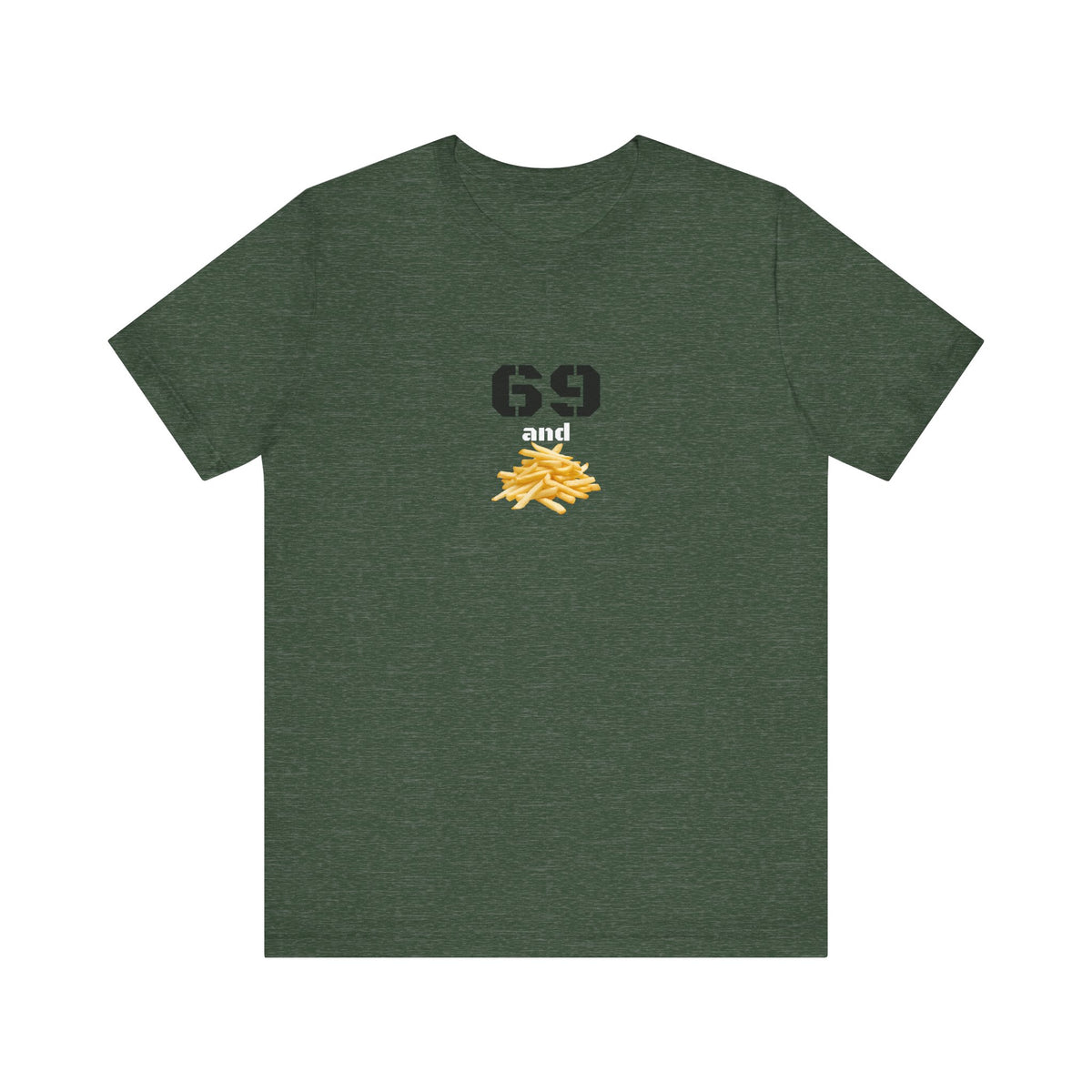Unisex graphic T-shirt featuring quirky 69 and French fries design in bold print on soft fabric.