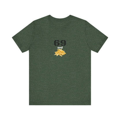 Unisex graphic T-shirt featuring quirky 69 and French fries design in bold print on soft fabric.