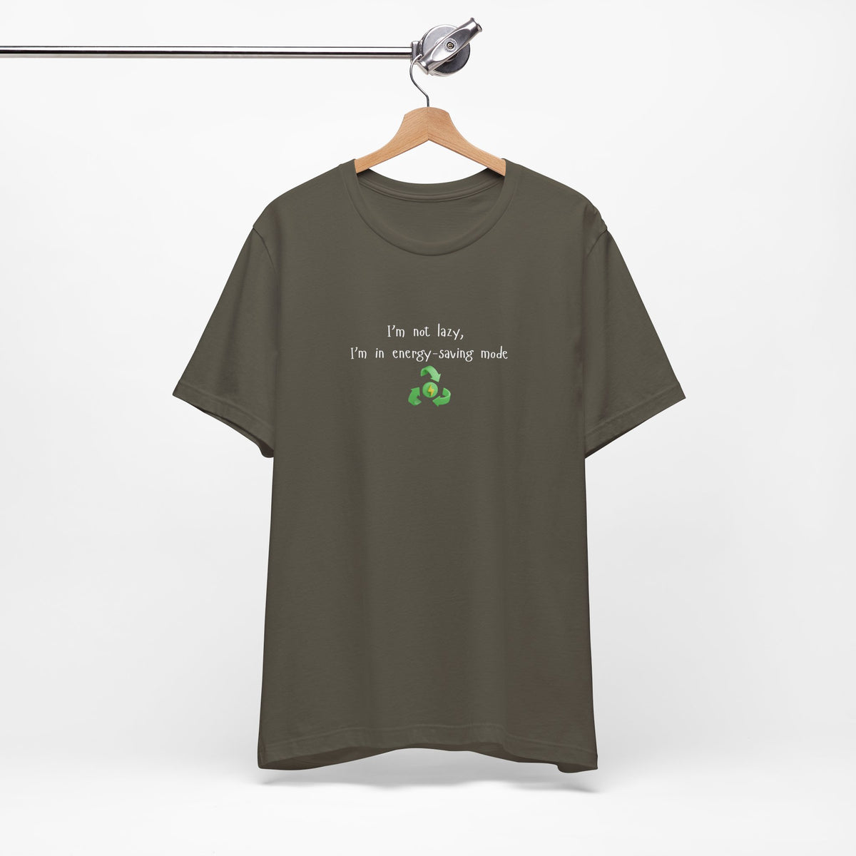 Eco-friendly mock T-shirt with humorous "I’m Not Lazy, I’m an Energy-Saving Mock" print, casual fit, lightweight cotton fabric.