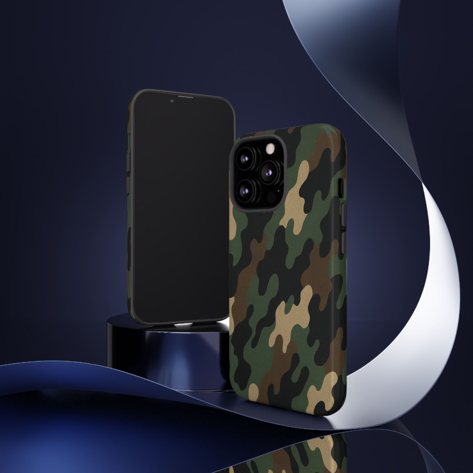 Camouflage tough phone case by Printify showing a rugged camo design with protective edges for a smartphone.