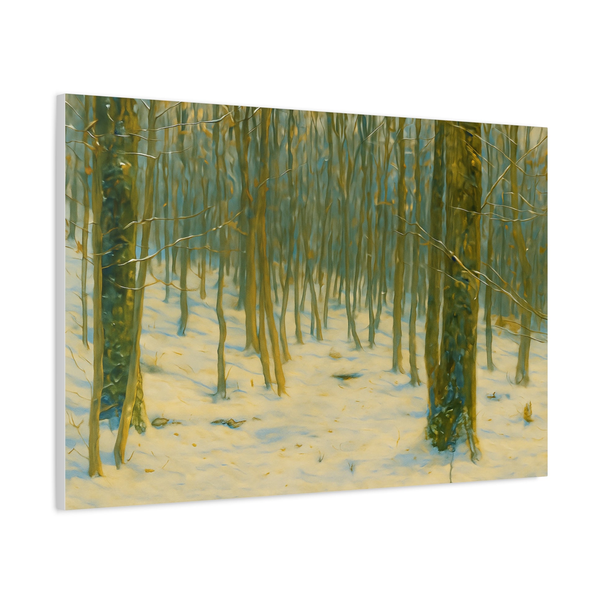 Snowy winter forest canvas print by Printify featuring a scenic winter landscape with snow-covered trees on stretched matte canvas.