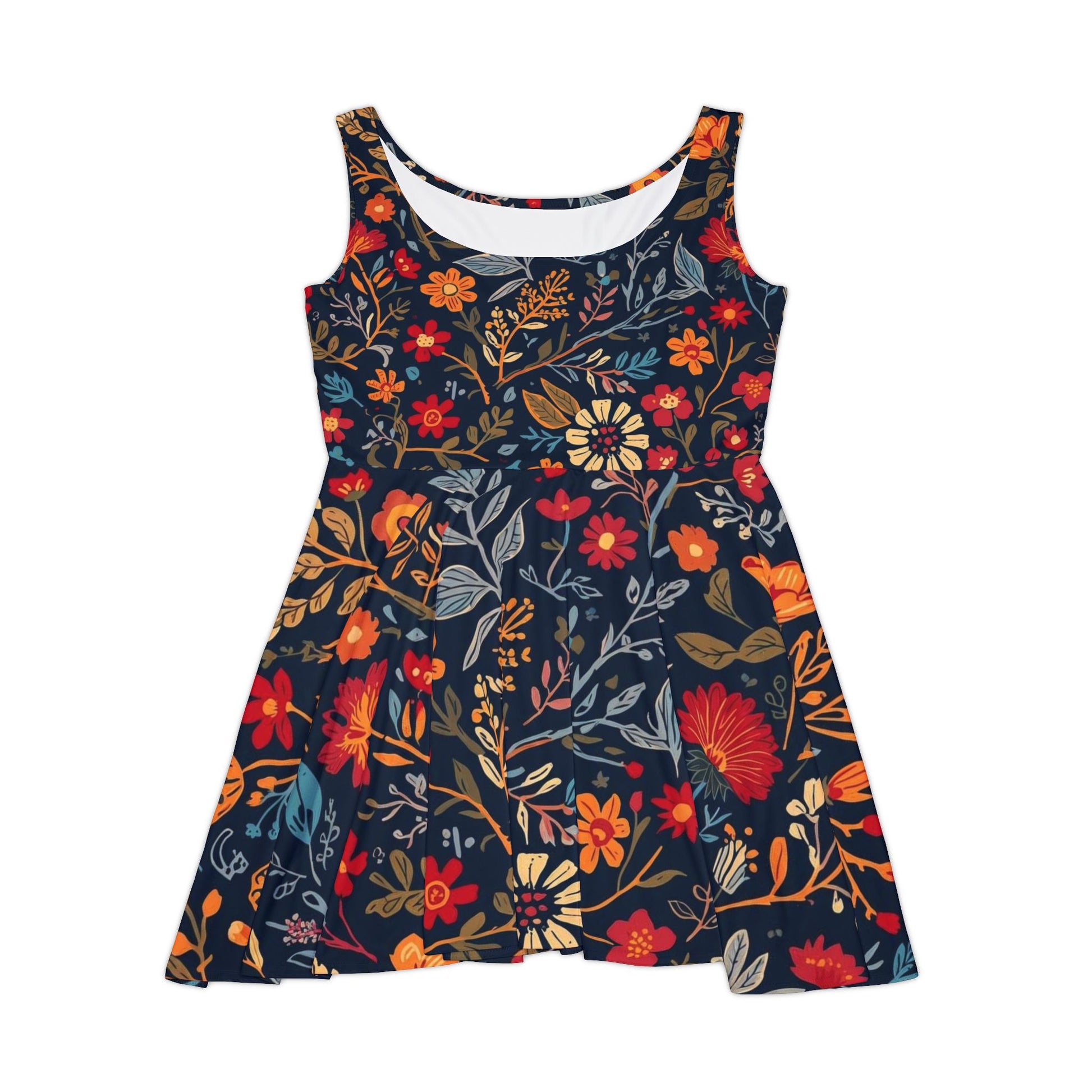 Floral Night Garden skater dress with all-over print by Printify, featuring a fitted bodice and flared skirt on a white background.