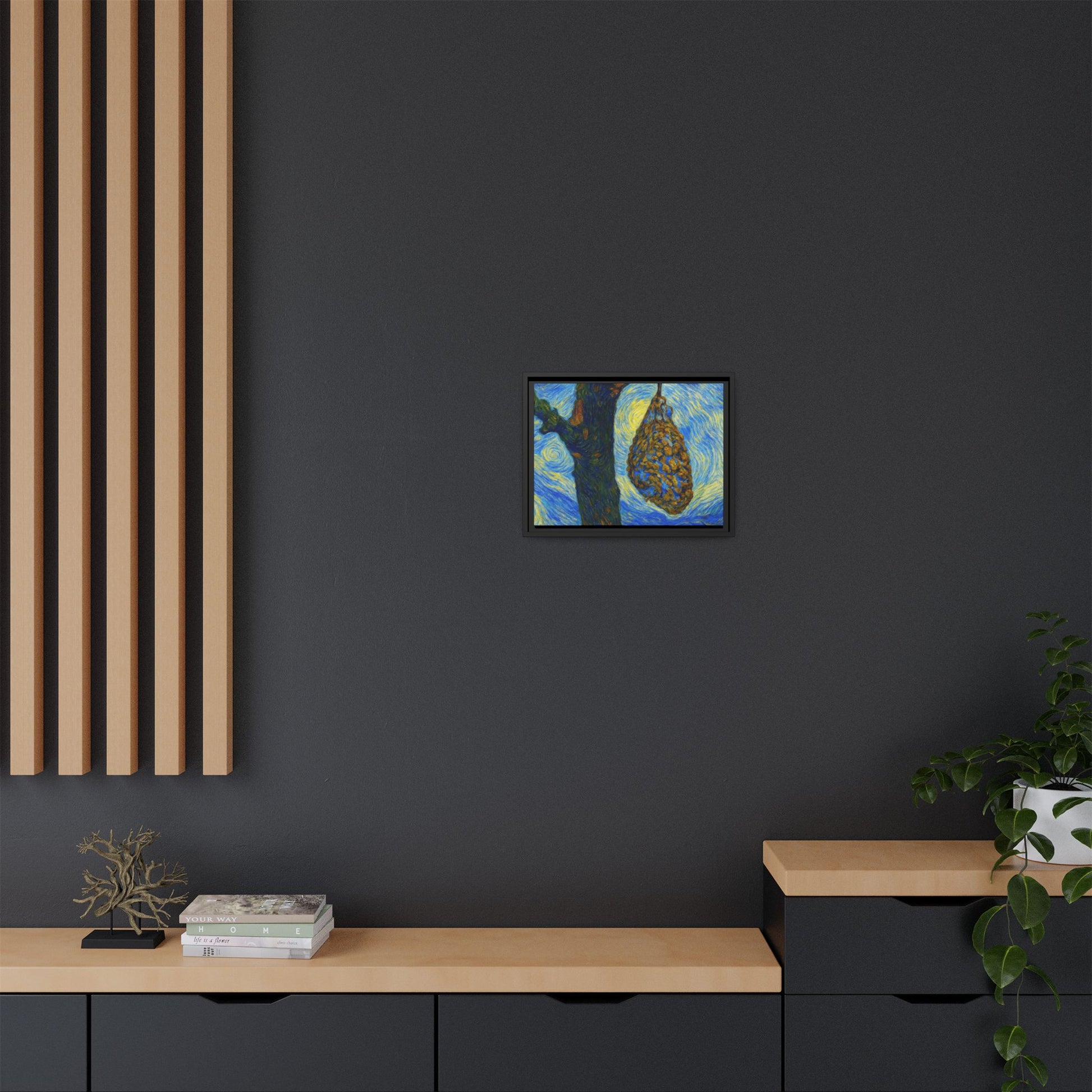 Framed matte canvas art of a starry nut cluster featuring dried plum colors on a tree, by Printify.