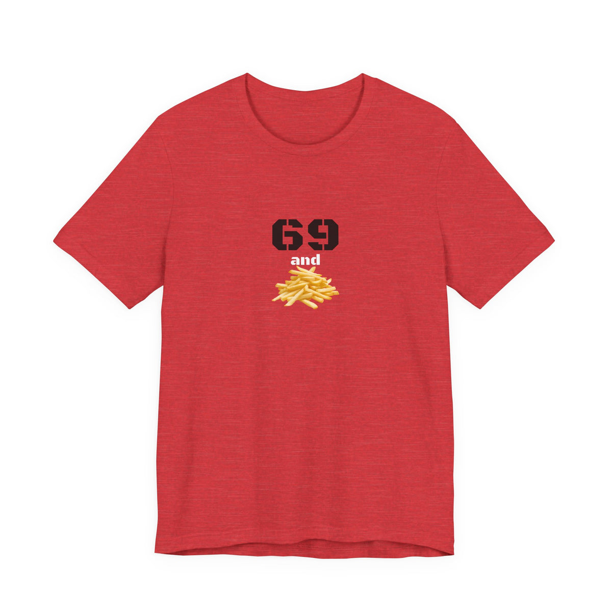 Unisex graphic T-shirt featuring a humorous 69 and French fries design, in black with colorful print on the front.