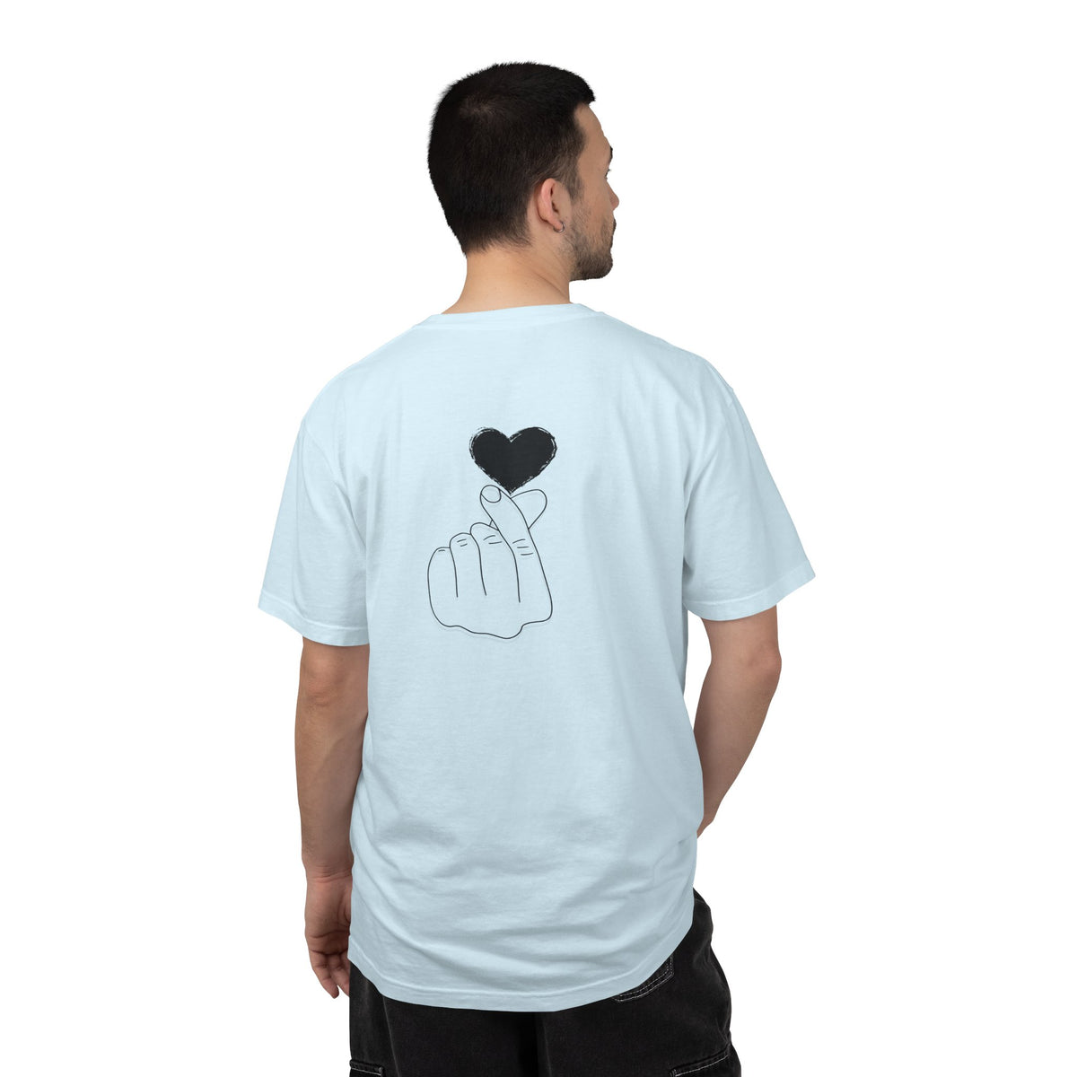 Black T-shirt with a minimalist white finger heart graphic, featuring a small black heart design on the chest.