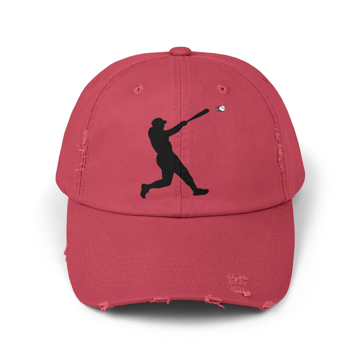 Distressed baseball cap featuring silhouette batter design, casual hats by Printify with worn vintage style.