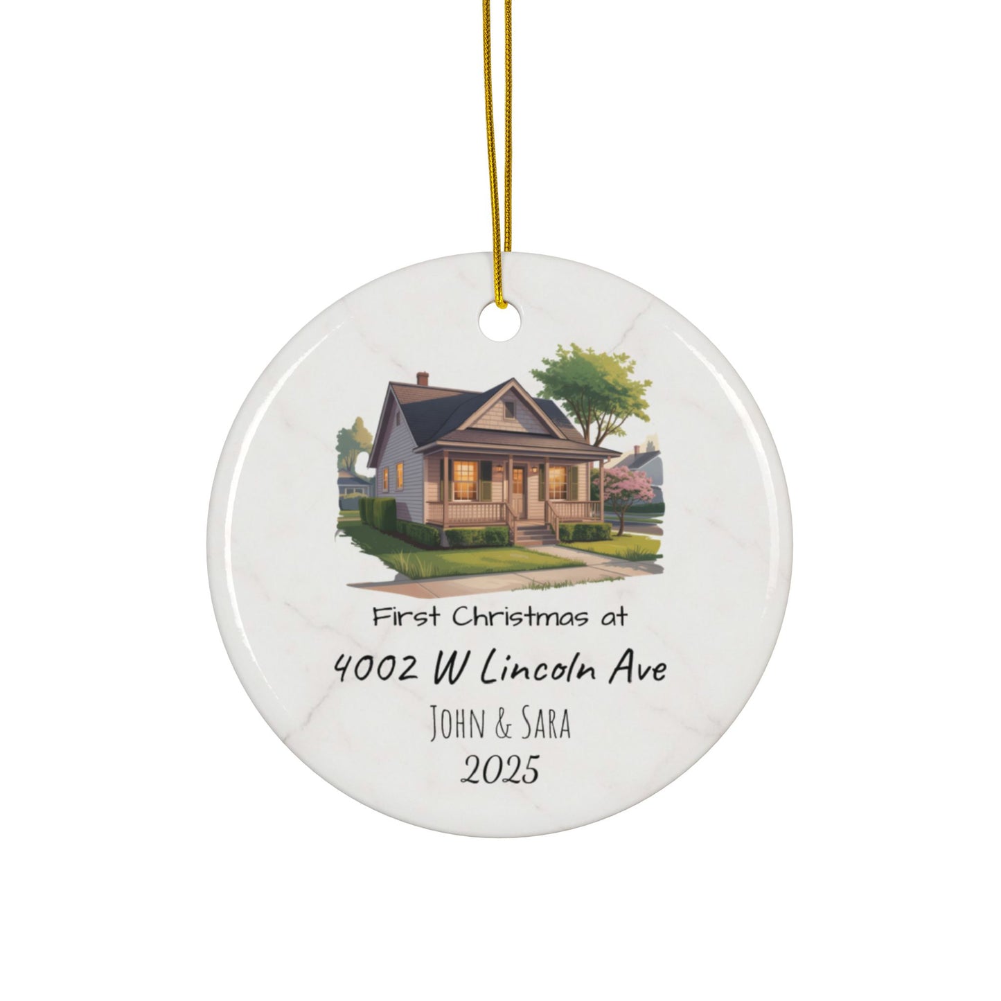 Personalized ceramic house illustration ornament with custom address and names, featuring a festive Christmas design on both sides.