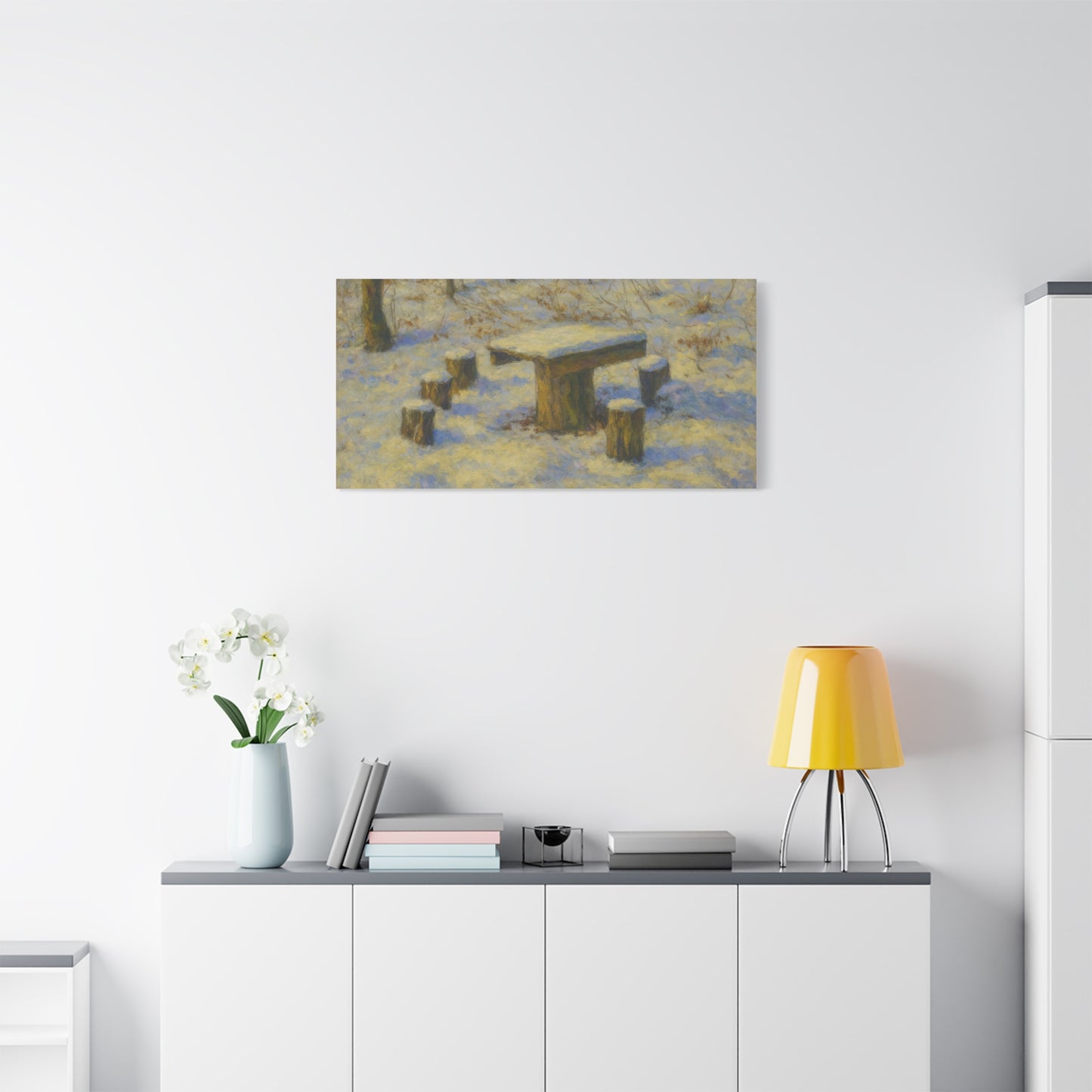 Winter landscape canvas wall art featuring a snowy forest scene, matte finish, stretched print by Printify.