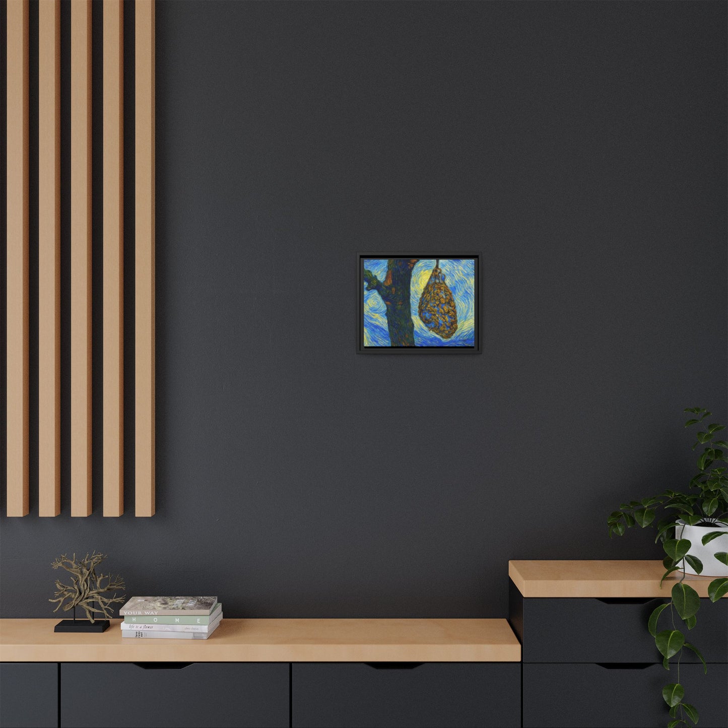 Framed matte canvas art featuring a starry nut cluster with dried plum in a tree, by Printify.