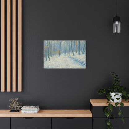 Winter woodland canvas print featuring a snowy forest scene, matte stretched wall art by Printify.