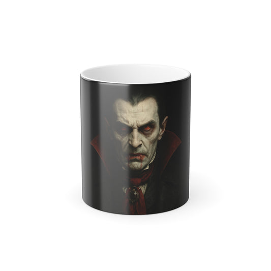 Color-morphing Halloween-themed mug by Printify showing spooky gothic design that changes color when hot liquid is poured in.